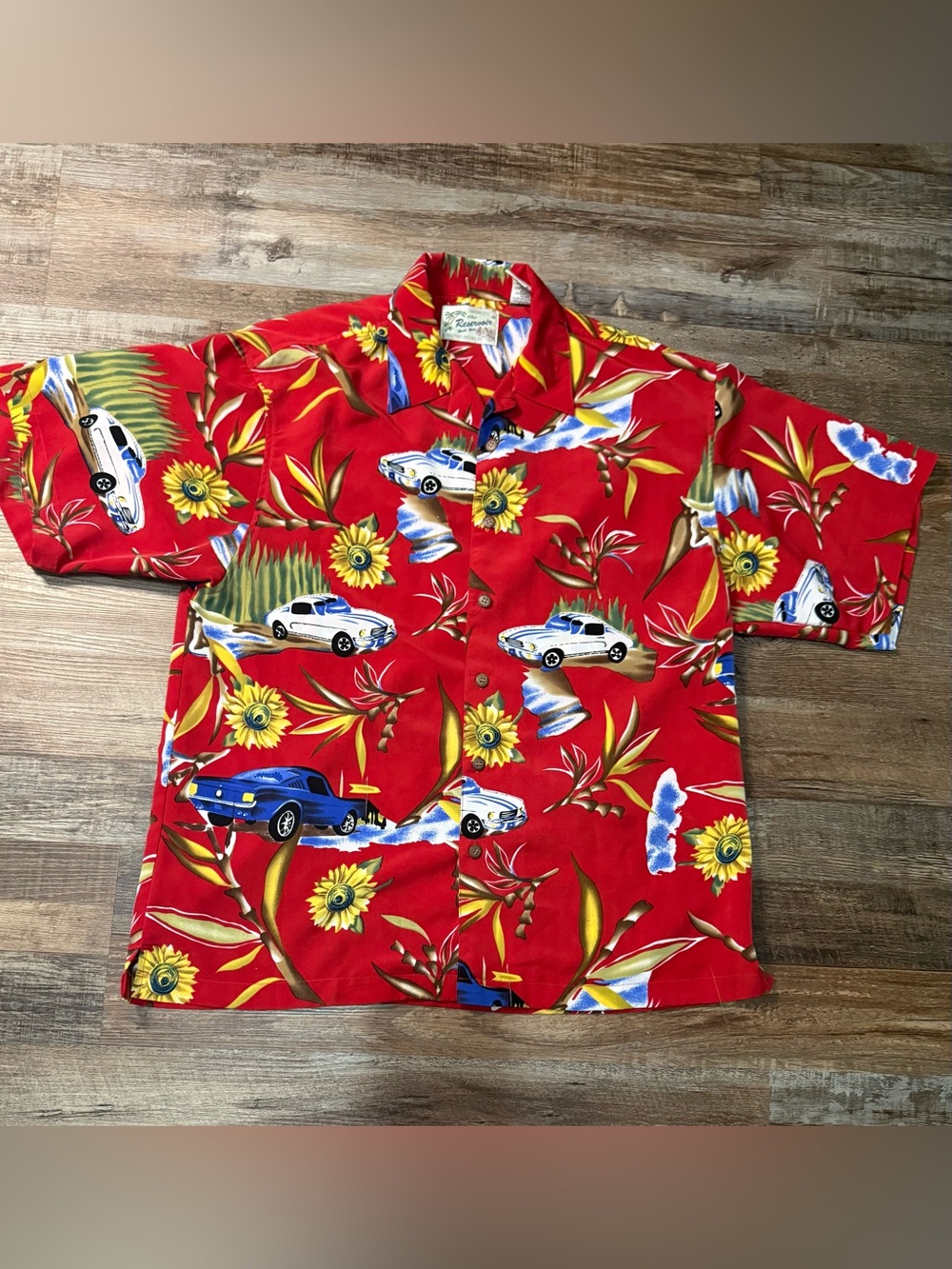 Casual Red Hawaiian Car-Print Button Down Shirt